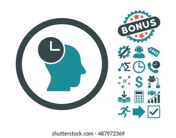 Time Thinking icon with bonus icon set. Vector illustration style is flat iconic bicolor symbols, soft blue colors, white background.