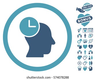 Time Thinking pictograph with bonus passion icon set. Vector illustration style is flat rounded iconic cyan and blue symbols on white background.