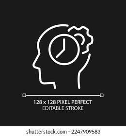 Time for thinking process pixel perfect white linear icon for dark theme. Synchronizing biological clock. Thin line illustration. Isolated symbol for night mode. Editable stroke. Arial font used