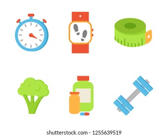 Time timer and broccoli isolated icons vector. Healthy lifestyle and vegetable sign. Dumbbells and wristband indicating quantity of sportsman steps
