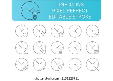 Time tine line icons set, with diferend little icons, editable stroke. pixel perfect
