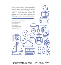 Time together article page vector template. Books reading. Balloon trip. Brochure, magazine, booklet design element, linear icons and text boxes. Print design. Concept illustrations with text space