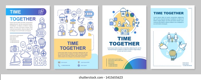 Time together brochure template layout. Kids games. Walk in park. Flyer, booklet, leaflet print design with linear illustrations. Vector page layouts for magazines, annual reports, advertising posters