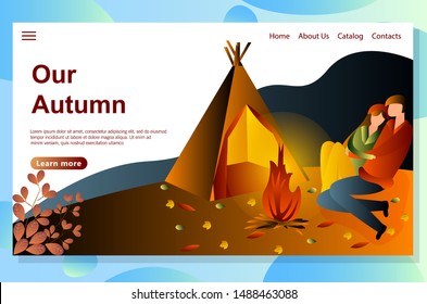 Time together concept. Autumn camping landing page vector. A guy with a girl is resting in nature in a tent. people are sitting by the fire. Web landing page design template