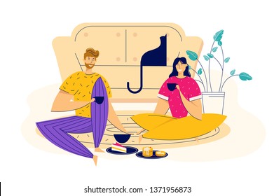 Time Together Concept with Happy Couple Eating Breakfast. Man and Woman Having Lunch at Home. Boyfriend and Girlfriend Romantic Dating. Vector flat cartoon illustration