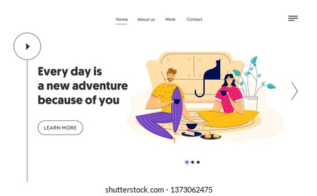 Time Together Concept with Happy Couple Eating Breakfast Landing Page. Man and Woman Having Lunch at Home. Boyfriend and Girlfriend Romantic Dating Website, Banner. Vector flat cartoon illustration