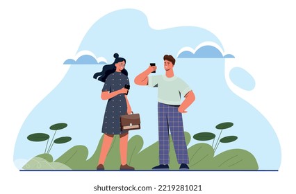 Time together concept. Happy man and woman with mugs of hot drinks in hands stand and stare. Communication and interaction, romantic date. Love, care and support. Cartoon flat vector illustration