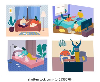 Time together concept. People rest on the sofa, watch tv, reading the book in bed, are playing video games, sweet home relaxing, happy and celebrates. Vector Illustration.