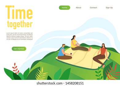 Time together flat landing page vector template. Family leisure website, webpage. Friends having picnic in nature cartoon character. Summer vacation, camping, outdoor recreation in park