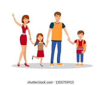 Time Together Flat Vector Cartoon Illustration. Mother, Father, Son and Daughter Waving Isolated Cartoon Characters. Parents with Children. Family Time. Smiling People Design Element