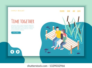 Time together isometric colored landing page with links and blue more button vector illustration