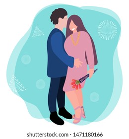 Time together. Romantic concept. Friendship concept. Young people girl and a man spend time together, the girl laughs, the man gave her flowers, a romantic meeting, a date, love relationships