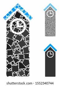 Time tower composition of tremulant pieces in various sizes and color tones, based on time tower icon. Vector raggy pieces are composed into collage. Time tower icons collage with dotted pattern.