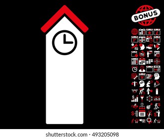 Time Tower icon with bonus calendar and time management icon set. Vector illustration style is flat iconic bicolor symbols, red and white colors, black background.