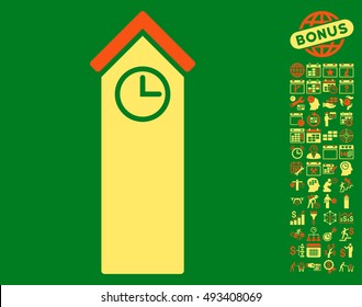 Time Tower icon with bonus calendar and time management design elements. Vector illustration style is flat iconic bicolor symbols, orange and yellow colors, green background.