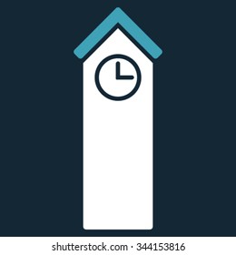 Time Tower vector icon. Style is bicolor flat symbol, blue and white colors, rounded angles, dark blue background.