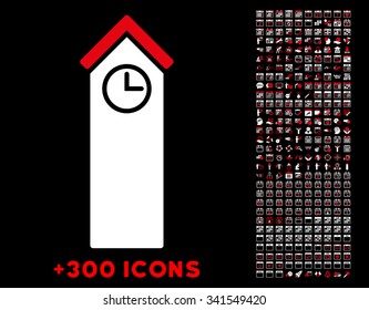Time Tower vector pictogram with additional 300 date and time management icons. Style is bicolor flat symbols, red and white colors, rounded angles, black background.