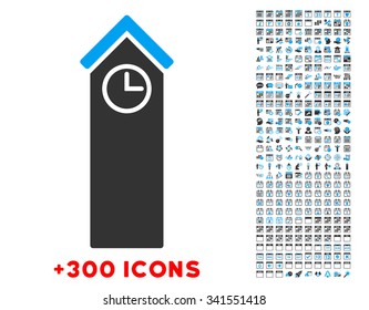 Time Tower vector pictogram with additional 300 date and time management icons. Style is bicolor flat symbols, blue and gray colors, rounded angles, white background.