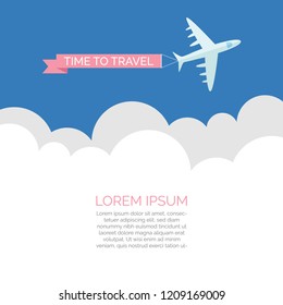 Time tp travel vector illustration. Travel concept with jet flying over clouds