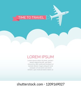 Time tp travel vector illustration. Travel concept with jet flying over clouds
