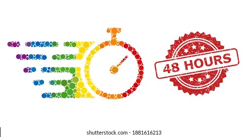 Time tracker collage icon of spheric dots in variable sizes and rainbow colored color hues, and 48 Hours unclean rosette stamp seal. A dotted LGBT-colored Time tracker for lesbians, gays,