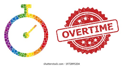 Time tracker collage icon of spheric dots in different sizes and LGBT color tints, and Overtime scratched rosette seal. A dotted LGBT-colored Time tracker for lesbians, gays, transgenders,