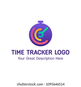 Time tracker logo flat design vector illustration.  The clock of the circle shape with the lines and wrench. The grearest concept for mobile app logo. Gradient modern colors. 