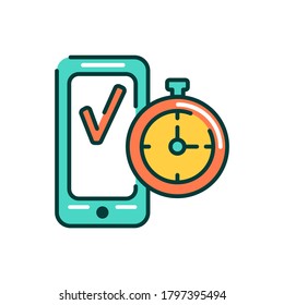 Aplicación móvil de seguimiento de tiempo en icono de línea de color para smartphone. Pictograma para página web, aplicación móvil, promoción. elemento de diseño de interfaz gráfica de usuario (GUI) de UI UX. Trazo editable.