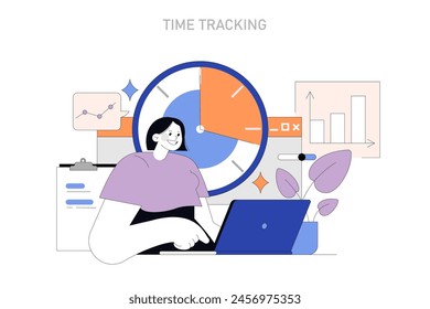 Time Tracking concept. A harmonious blend of schedule management and productivity analysis in remote work settings. Maximizing efficiency with smart time allocation. Vector illustration.
