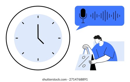 Seguimiento de tiempo, conveniencia de comercio electrónico, comandos de audio, herramientas modernas, usabilidad de la tecnología, venta minorista en línea. Reloj, forma de onda del habla y persona que sostiene una bolsa de compras con la etiqueta del porcentaje. Seguimiento de tiempo