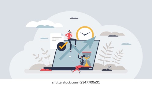 Time tracking and effective working hours management tiny person concept. Productive software app for employee work efficiency monitoring vector illustration. Business development and productivity.