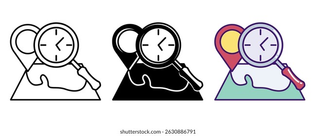Time Tracking icon represented by map, watch, magnifying glass Line, Filled, Color style.