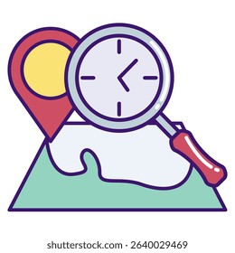 Time Tracking icon represented by map, watch, magnifying glass Lineal Color style.