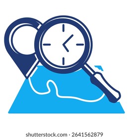 Time Tracking icon represented by map, watch, magnifying glass Dualtone style.