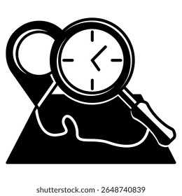 Icono de seguimiento del tiempo representado por mapa, reloj, lupa estilo relleno negro.