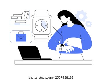 Time tracking isolated cartoon vector illustrations. Girl working and tracking time using special app on smart watch, remote work, distance job, freelancers life, digital nomad vector cartoon.