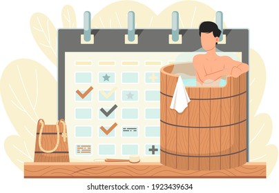 Time tracking and time management concept. Giant schedule with notes. Calendar with signs on background. Sexy guy in wooden barrel is resting and taking steam bath. Man bathes in boiling water