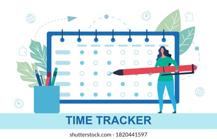 Time tracking and time management concept with a tiny woman standing in front of giant schedule and making notes. Flat vector illustration