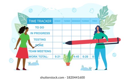 Time tracking and time management concept with two diverse women making notes in schedule. flat vector illustration