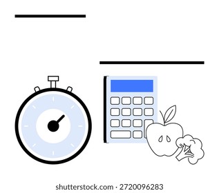 Seguimiento del tiempo, planificación nutricional, estilo de vida saludable, cálculo de la dieta, ingesta de calorías, comidas equilibradas. Cronómetro, calculadora e ilustración de manzana y brócoli. Seguimiento del tiempo y nutrición