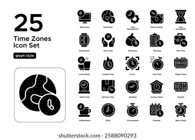 Time Tracking and Planning. Deadlines, Timers, and Schedule Management. Vector Illustration. Glyph solid icon set