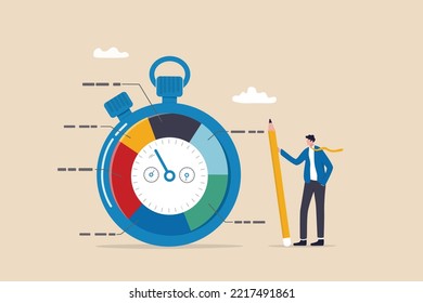 Time tracking system or time management to manage project or productivity, evaluate efficiency or project resources planning concept, business man stand with stop watch timer time spend pie chart.