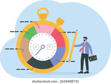 Time tracking system or time management to manage project or productivity, evaluate efficiency or project resources planning concept, business man stand with stop watch timer time spend pie chart.