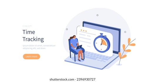 Time tracking. Woman organizing work, rest time, schedule and increase productivity. Time management and organization concept. Vector illustration.