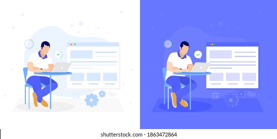 Time tracking working employee working on laptop, task completed, schedule creating, business man