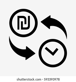 Time transfer to ILS. Currency convert icon. Isolated on white background. Flat vector illustration