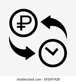 Time transfer to ruble. Currency convert icon. Isolated on white background. Flat vector illustration