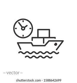 time transportation on cargo ship icon, big marine vessel, sea transport, commercial  container delivery, thin line web symbol on white background - editable stroke vector illustration eps10