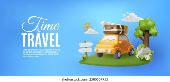 Time to travel 3D cartoon vector banner design. Summer travel by car. Baggage on vehicle roof. Automobile tourism. Road trip. Adventure journey. Holiday vacation and transport concept