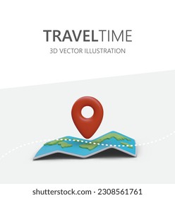 Time to travel. 3D map with bend marks. Red geotag indicates place of arrival. Vertical poster for advertising tourist routes, tours, excursions. Booking tickets